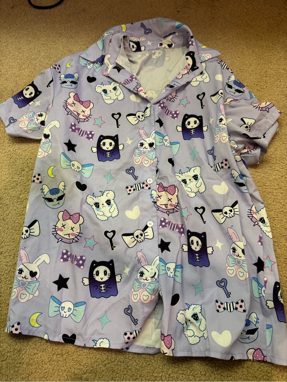 Lavender Anime Character Pajama Top - Cute Gothy Animal Print like Sanrio